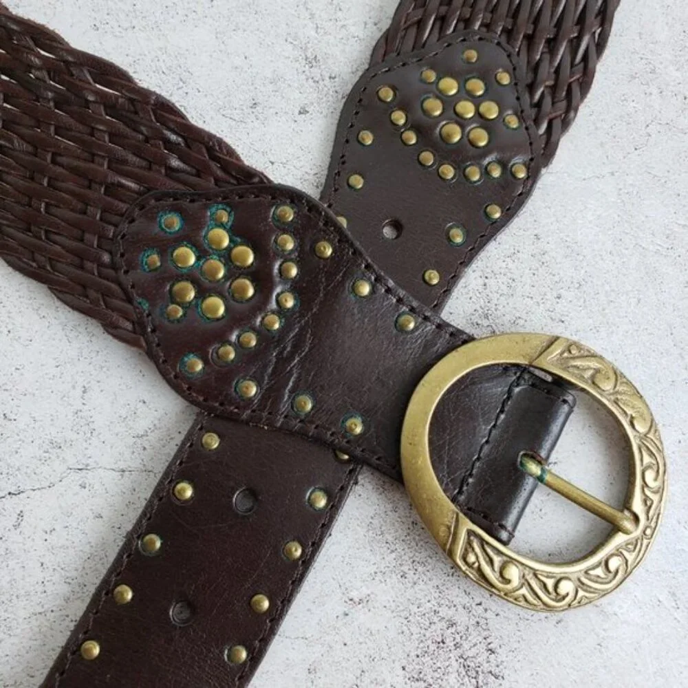 Vintage Bohemian Woven Braided Leather Wide Belt Brown size M